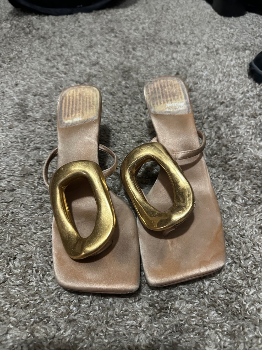 Jeffrey Campbell Nude Slide Heels with Gold Sculptural Accent